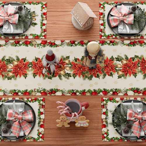 XCHI Christmas Poinsettias Leaves Bells Snowflakes Winter Xmas Table Runner Table Decoration for Home Kitchen Dining Holiday Decor 13x72 Inch