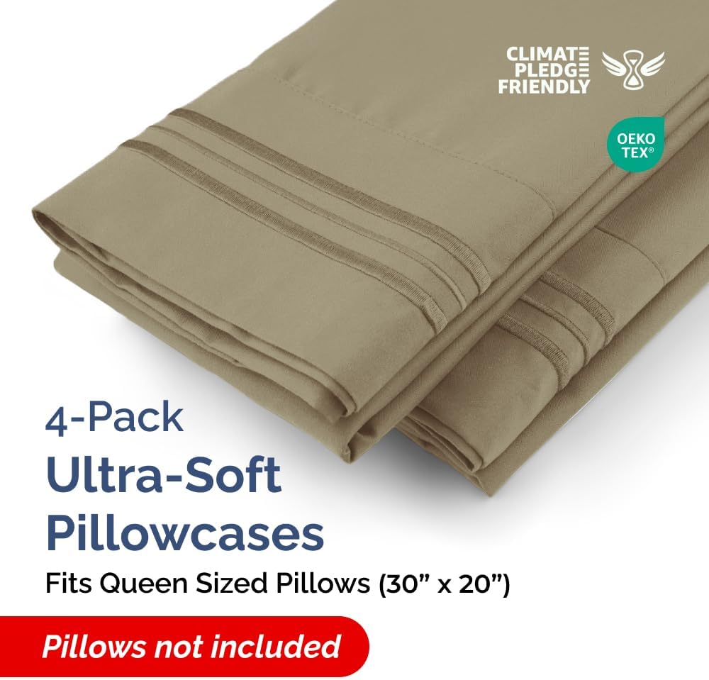 Queen Pillow Cases by [Brand Name] - Ultra Soft Hotel Quality Covers | Wrinkle-Free, Stain-Resistant - 4 Piece Set in Khaki