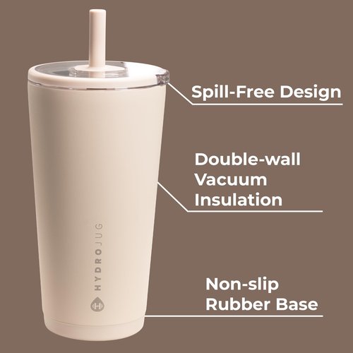 HydroJug Everyday Tumbler 20 oz – Ceramic-Lined Insulated Tumbler with Straw and Soft-Touch Lid, Cup Holder Friendly, Double-Wall Vacuum Insulation, Reusable Travel Cup – Dune