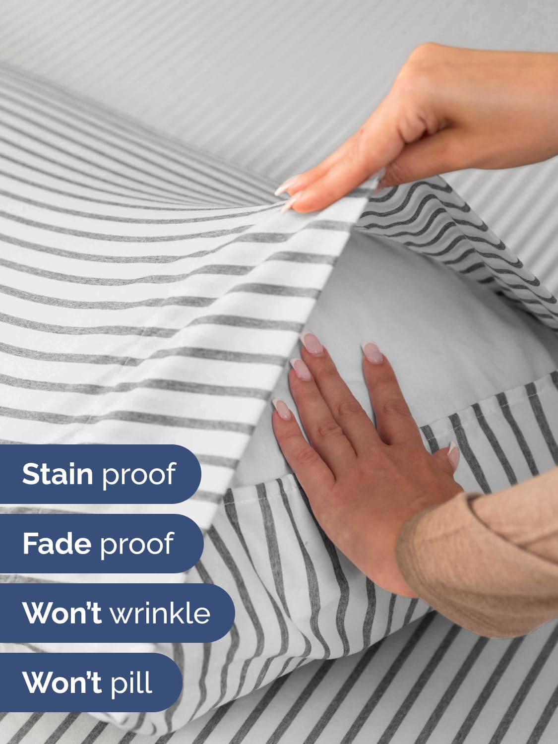 Skiennix Extra Deep Twin Sheet Set - 4-Piece Breathable Cooling Bedding - Soft, Wrinkle-Free Grey Stripes