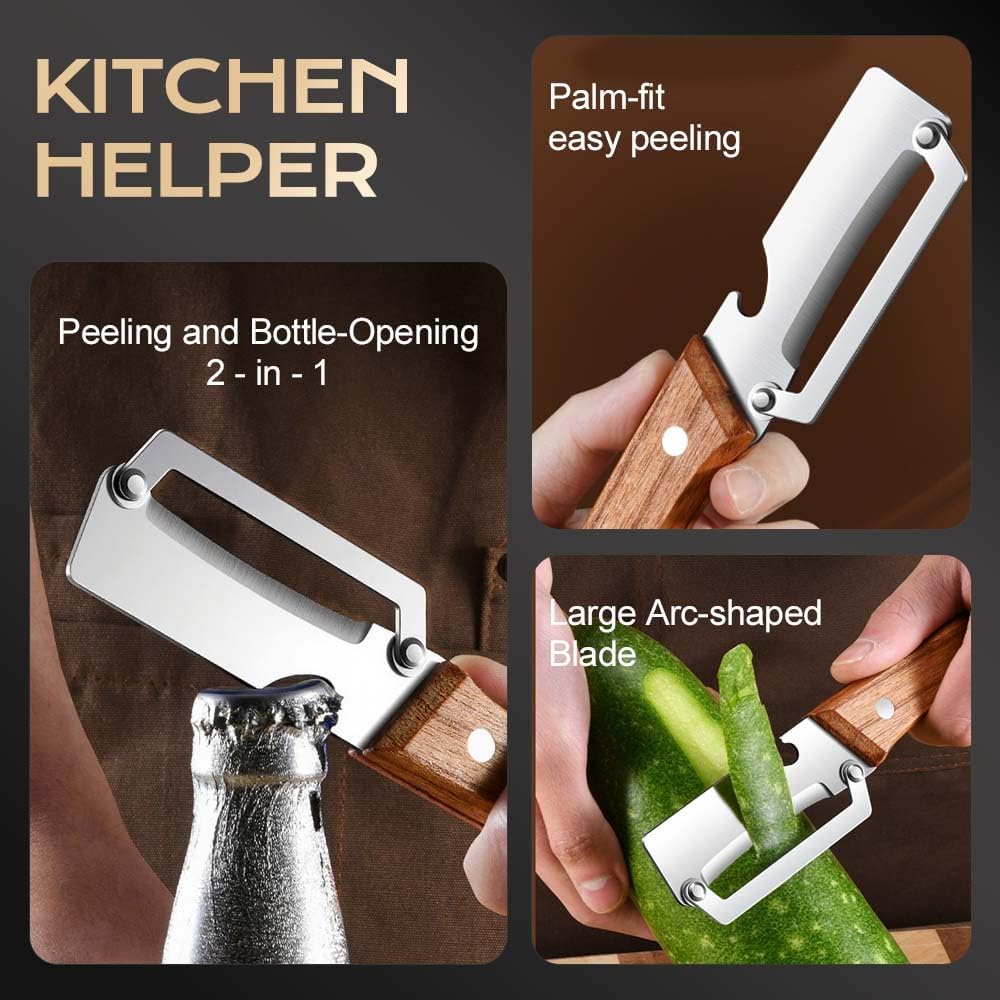 Skiennix Multi-Functional Vegetable Peeler - Stainless Steel With Wooden Handle & Bottle Opener | Ideal Kitchen Tool for Fruits & Vegetables