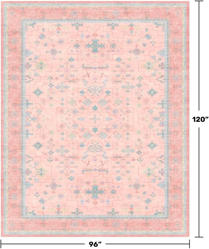 Oushak Rugs | Washable Pink & Blue 8x10 Area Rug - Modern Floral Design, Soft Faux Wool, Non-Slip