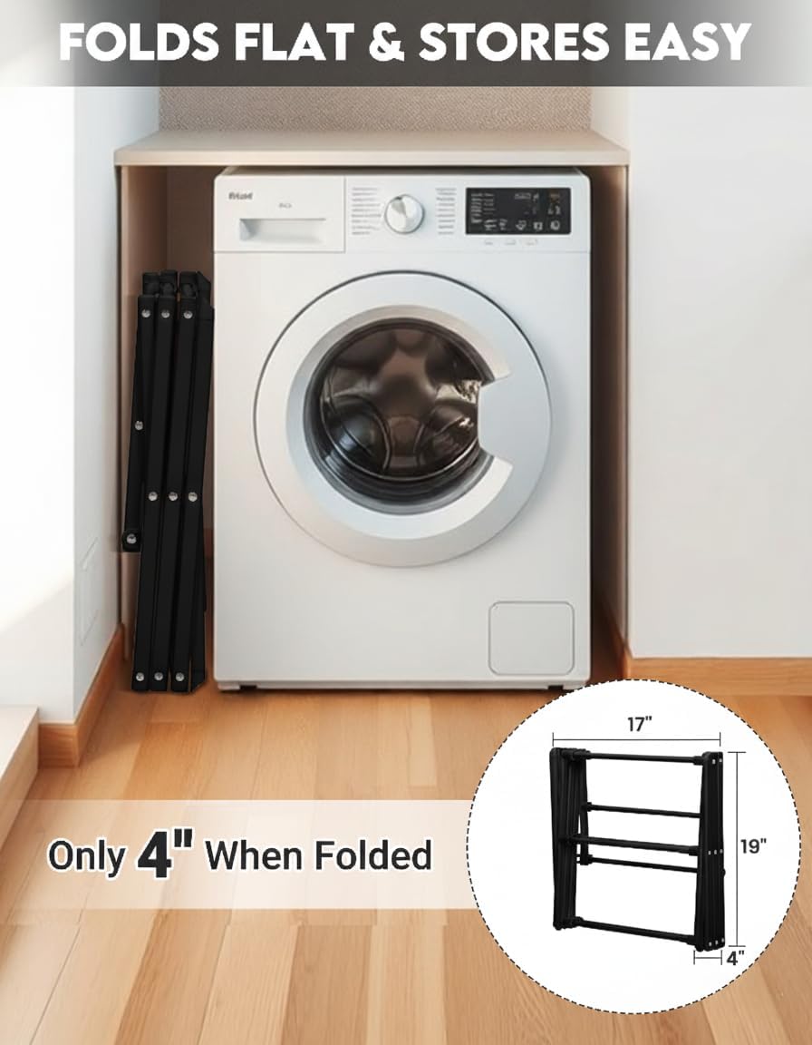 Regine Folding Clothes Drying Rack - 3-Tier Collapsible Laundry Dryer for Indoor & Outdoor Use | Black