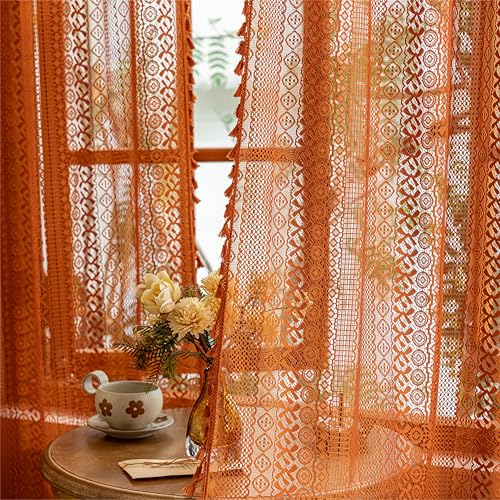 Sutuo Home Terracotta Boho Lace Curtains 2 Panels 84 Inches Long for