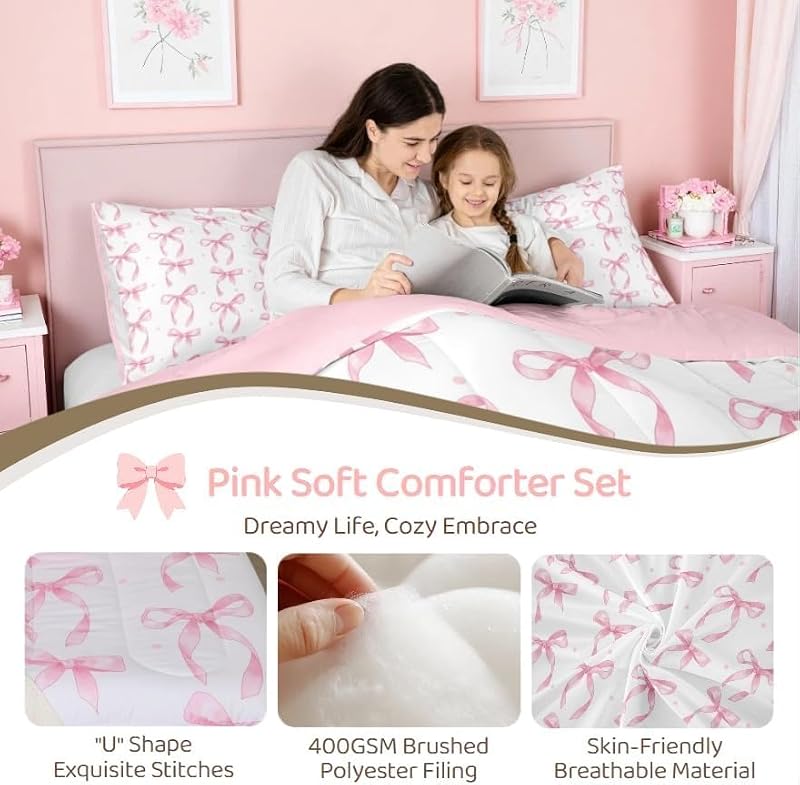 Pink Bow Queen Comforter Set with Pillowcases - Reversible Bedroom Bedding, Girl Kids Teen Decor, White Variation