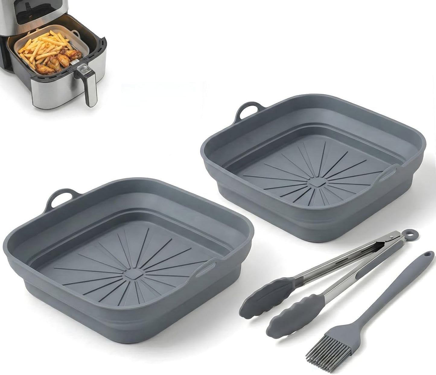 SAMIA 8 Inch Silicone Air Fryer Liners Set - 4 Reusable Non-Stick Liners with Basting Brush & Food Tong