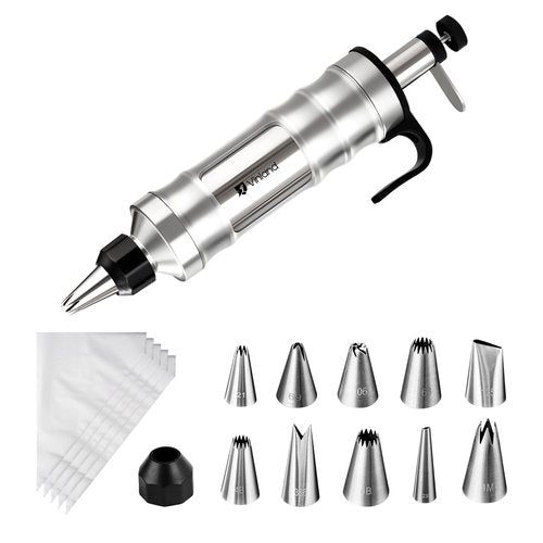 Dessert Decorating Syringe Set Icing Piping Kit Frosting Piping Kit Stainless Steels Cake Decorating Kit with 10 food grade stainless steel piping tips & 50 Disposable Piping Bags Black