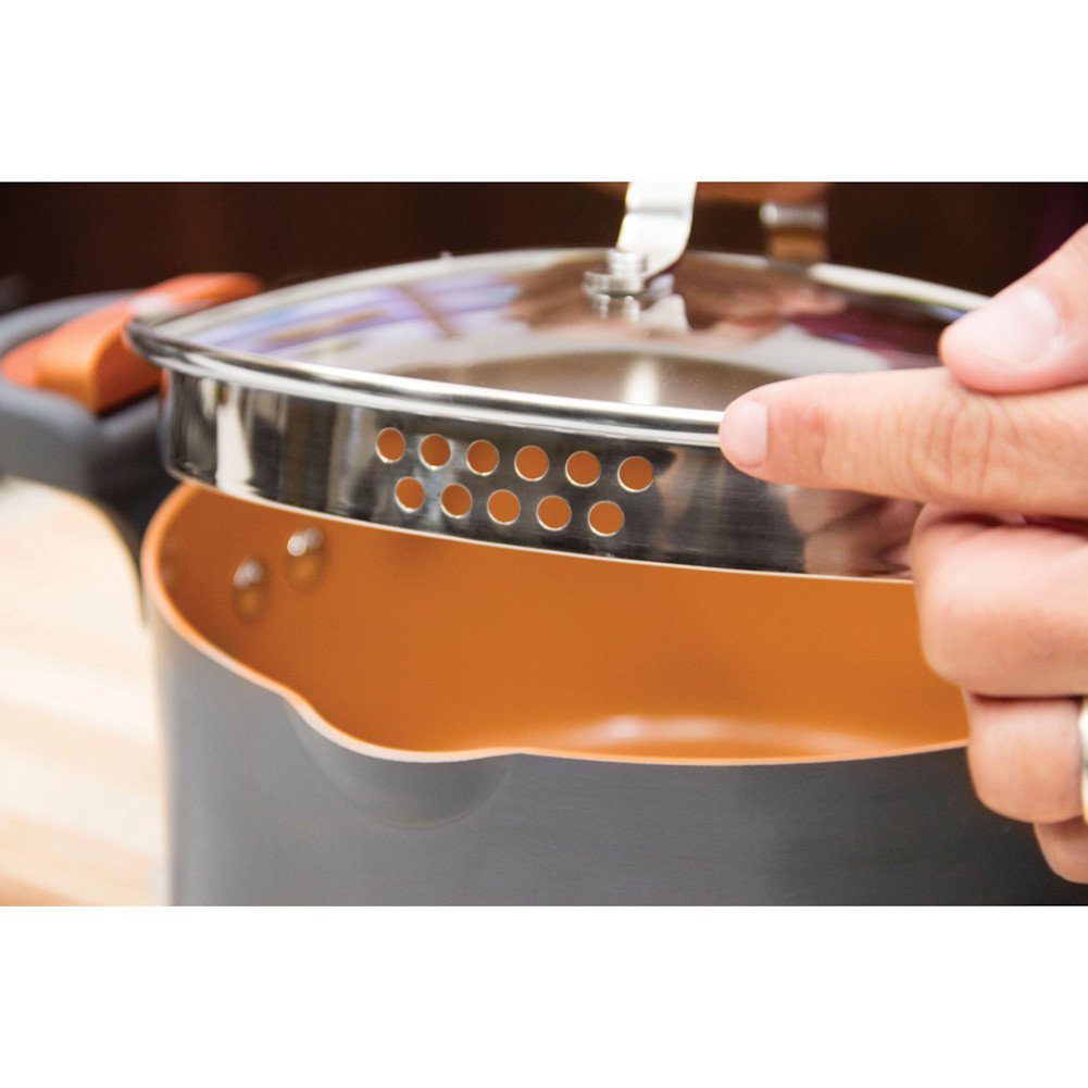 Gotham Steel 5 Quart Stock Pot Multipurpose Pasta Pot with Strainer Lid & Twist and Lock Handles, Nonstick Ceramic Surface Makes for Effortless Cleanup with Tempered Glass Lid, Dishwasher Safe
