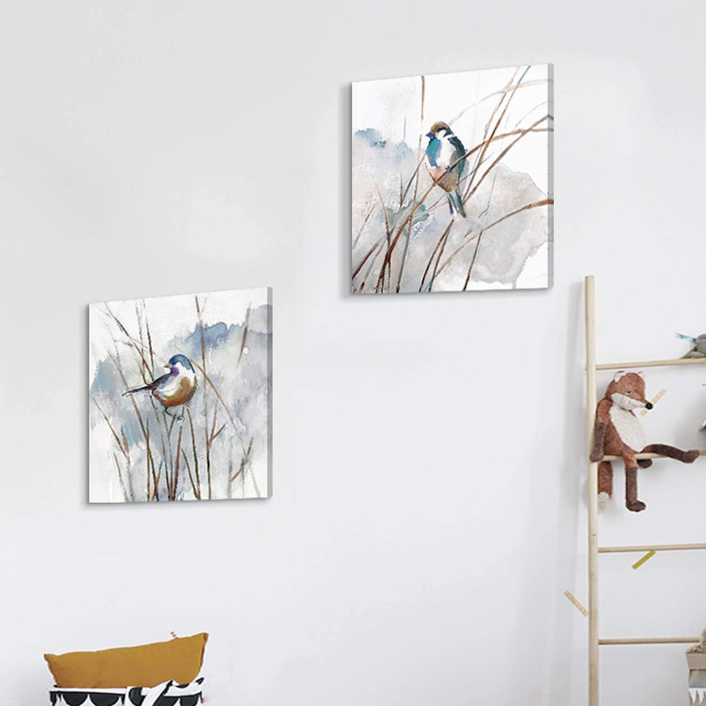 Abstract Bird Picture Wall Art: Animal Birds on Reed Artwork Painting on Canvas for Living Room (16” x 16” x 2 Panels)