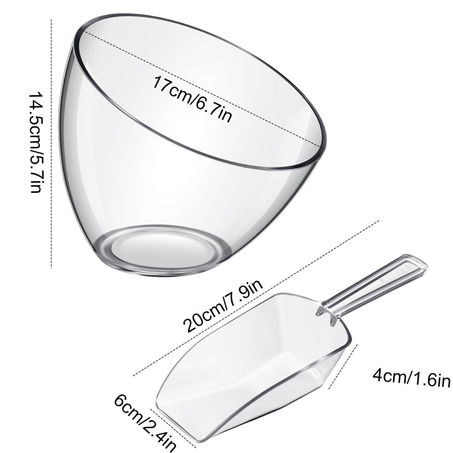 Hoolerry 8 Pcs Serving Bowls Kit Include Plastic Bowls for Parties and Popcorn Measuring Scoops Acrylic Plastic Kitchen Angled Candy Scoops for Office Canister Salad Cooking(Clear,35 oz)
