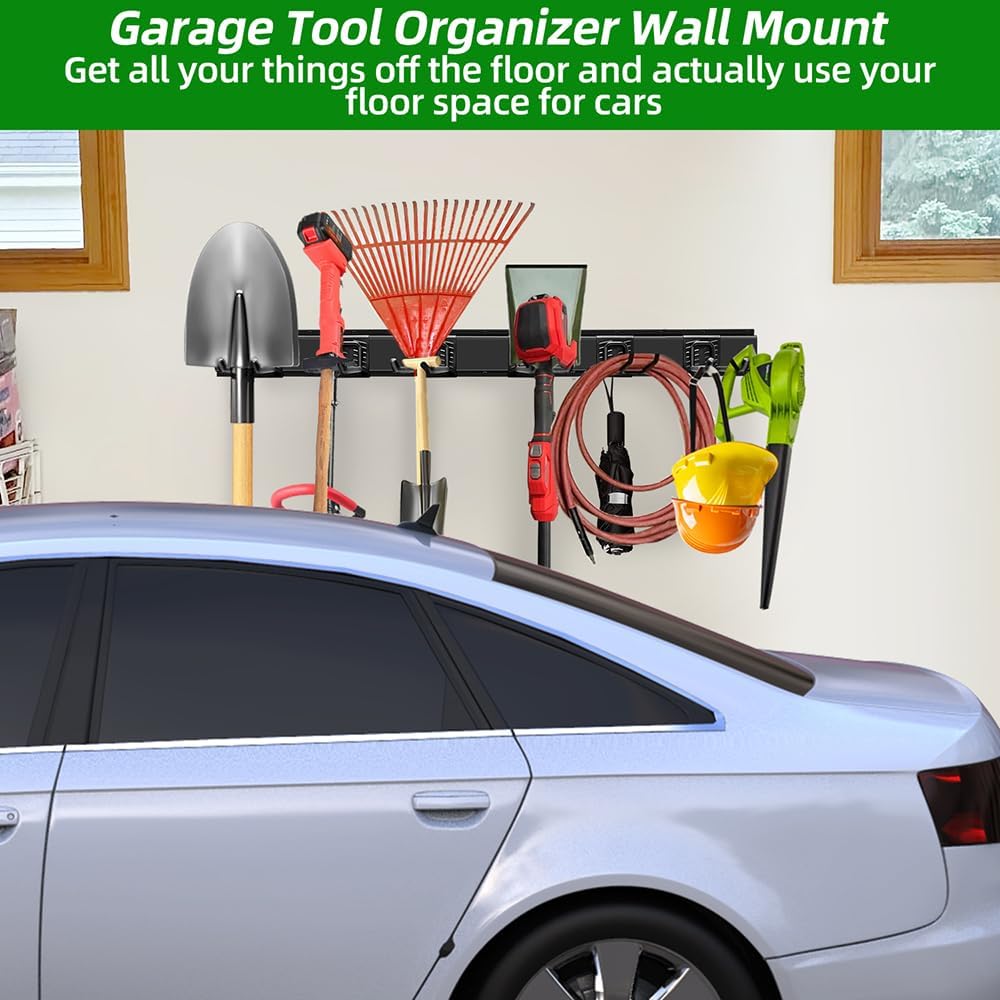 PIYILO Garage Wall Organizer - Heavy Duty Tool Rack with 48-Inch Rails & 6 Hooks | Max Load 360 LBS