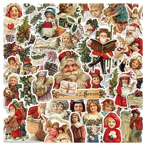 100 Pcs Christmas Stickers Non-Repeating Retro Santa Claus Stickers Christmas Decoration,Waterproof Holiday Sticker for Scrapbook,Cards,Junk Journals, Laptop,Water Bottles (Santa 100 Pcs)