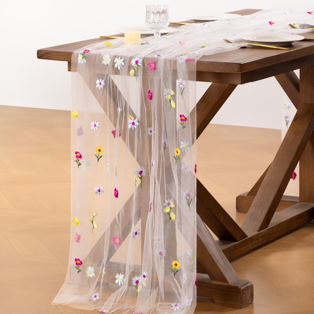 Socomi Embroidery Floral Table Runner Spring Wildflower Gauze Tulle Cheesecloth Seasonal Table Runners for Wedding Party Baby Shower Birthday Holiday Picnic Home Decor