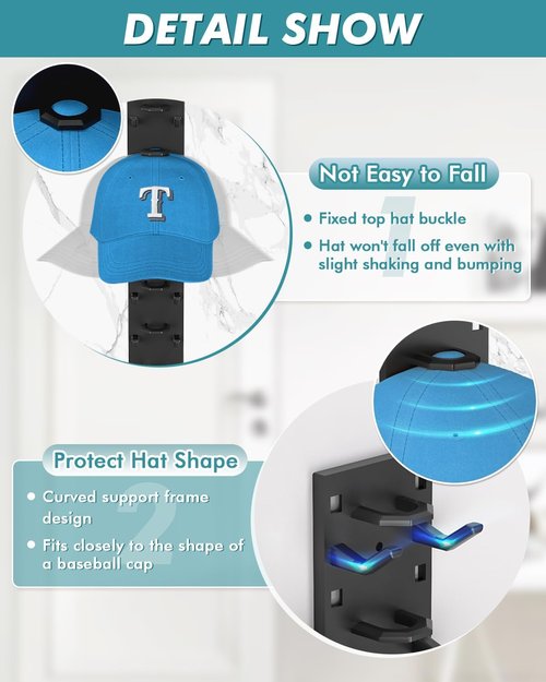 Hat Organizer by [Brand Name] - Strong Adhesive Wall Rack for 18 Baseball Caps | Multi-Layer Hooks - Black