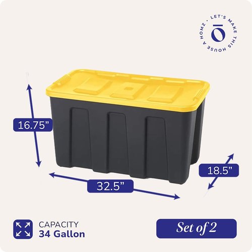 HOMZ Heavy-Duty Plastic Storage Bins - 34 Gallon Tote with Lids | Stackable Organizing Solution in Black/Yellow