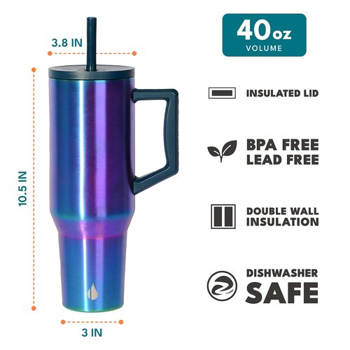 Elemental 40 oz Tumbler with Handle and Straw - Spill Proof Insulated Stainless Steel Commuter for Cold Beverages - Travel Coffee Mug with 2 Straws & Spill Proof Lid - 40oz - Iridescent