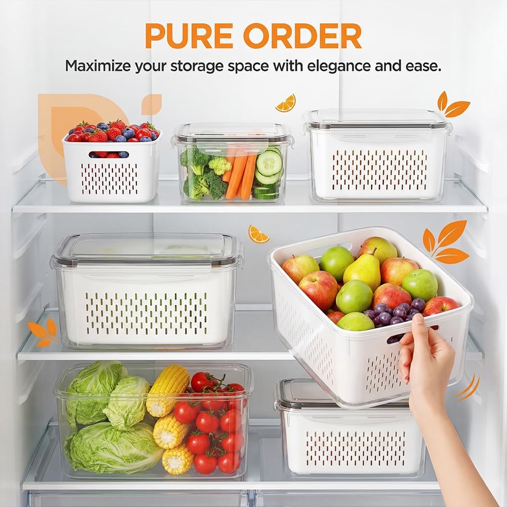Skiennix 4-in-1 Food Storage Container - Versatile Fruit Storage with Removable Colanders | Gray, Small & Medium