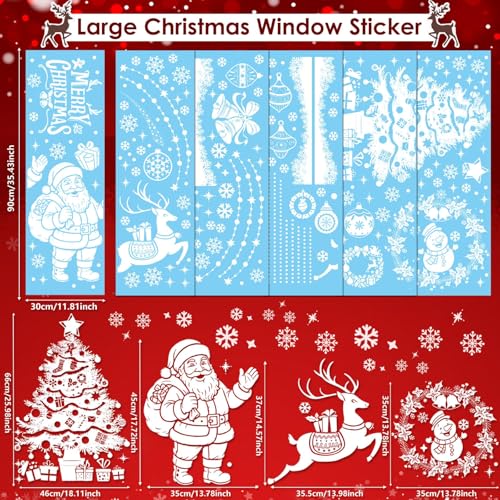 AhfuLife Large Christmas Window Clings Decorations, 35.4 x 11.8 in, 6 Sheets Double Side Xmas Snowflake Santa Reindeer Snowman Window Decals Stickers for Home Glass Party Indoor Decorations