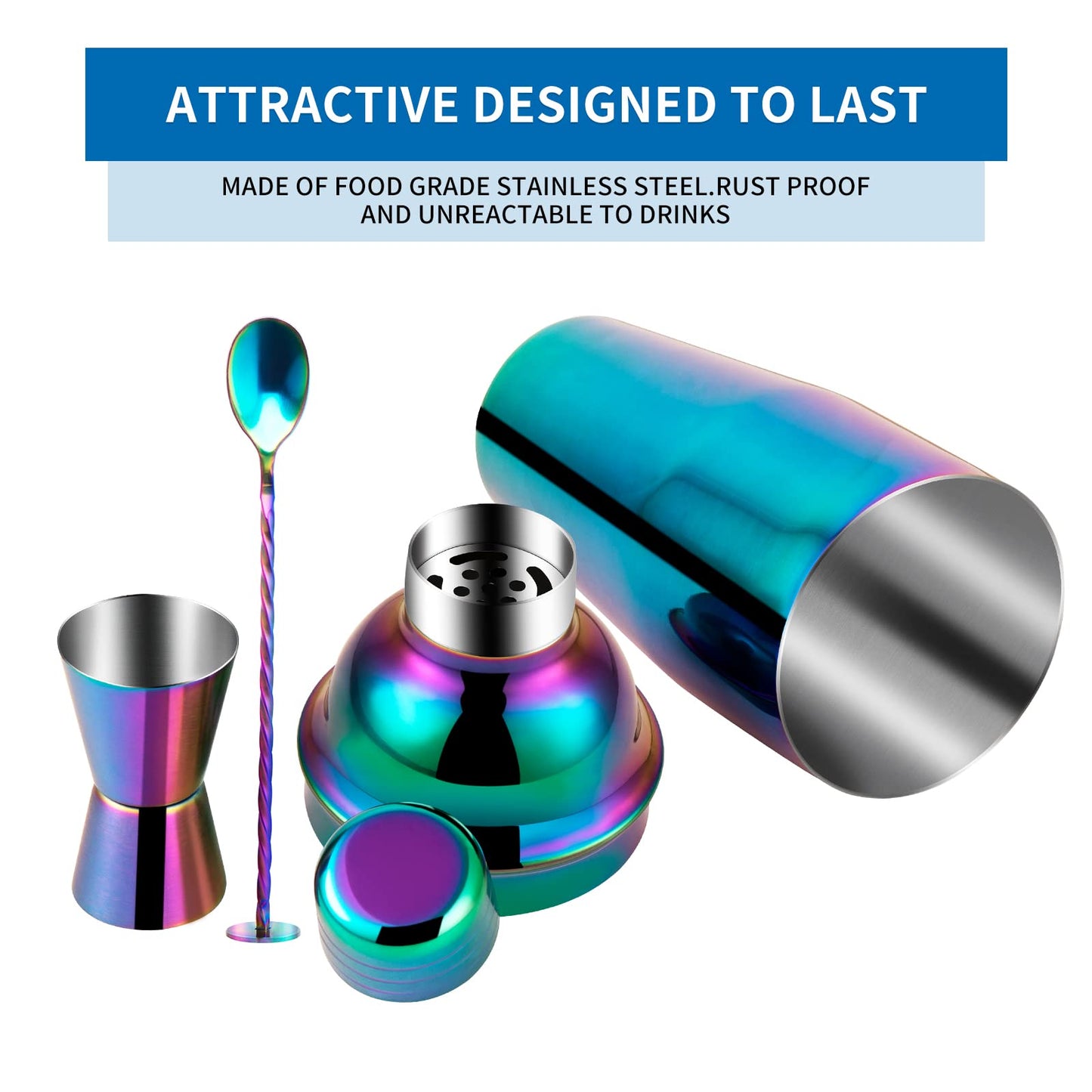 Safring 24oz Cocktail Shaker Bar Set, Martini Shaker with Built-in Strainer, Measuring Jigger, Mixing Spoon, Professional Stainless Steel Large Bartender Drink Shaker Margarita Alcohol Mixer-Rainbow