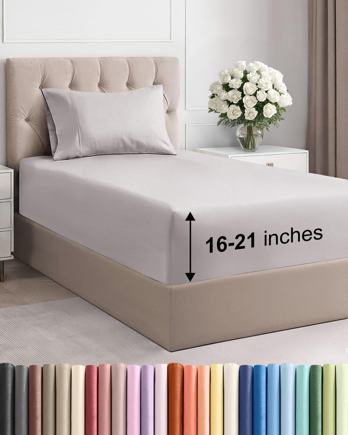 Regine Switzerland Extra Deep Pocket Twin XL Sheet Set - 3-Piece Breathable & Cooling Bedding - Soft, Fade & Wrinkle Resistant - Light Grey