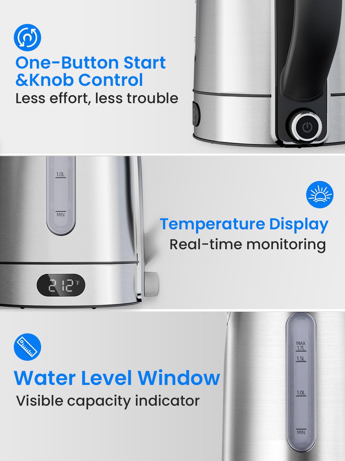 Kismile 1.7L 1500W Electric Kettle with 7-Precision Temperature Control, 2h Keep Warm, Auto Shut-Off, Water Level Window, Water Boiler for Coffee & Tea