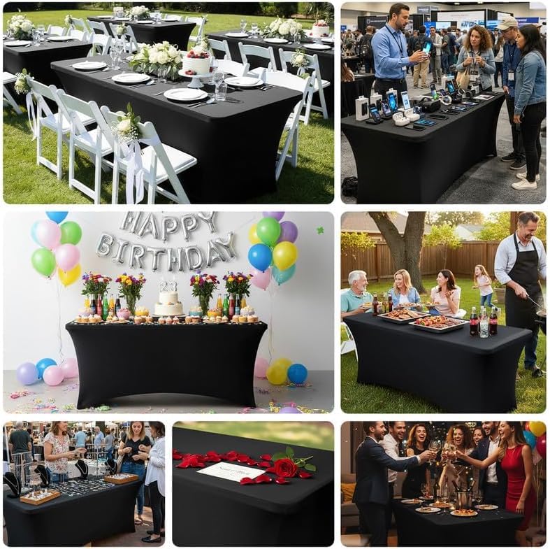 Lemict 8FT Black Spandex Tablecloth 10 Pack Fitted Cover for Banquet & Event Tables