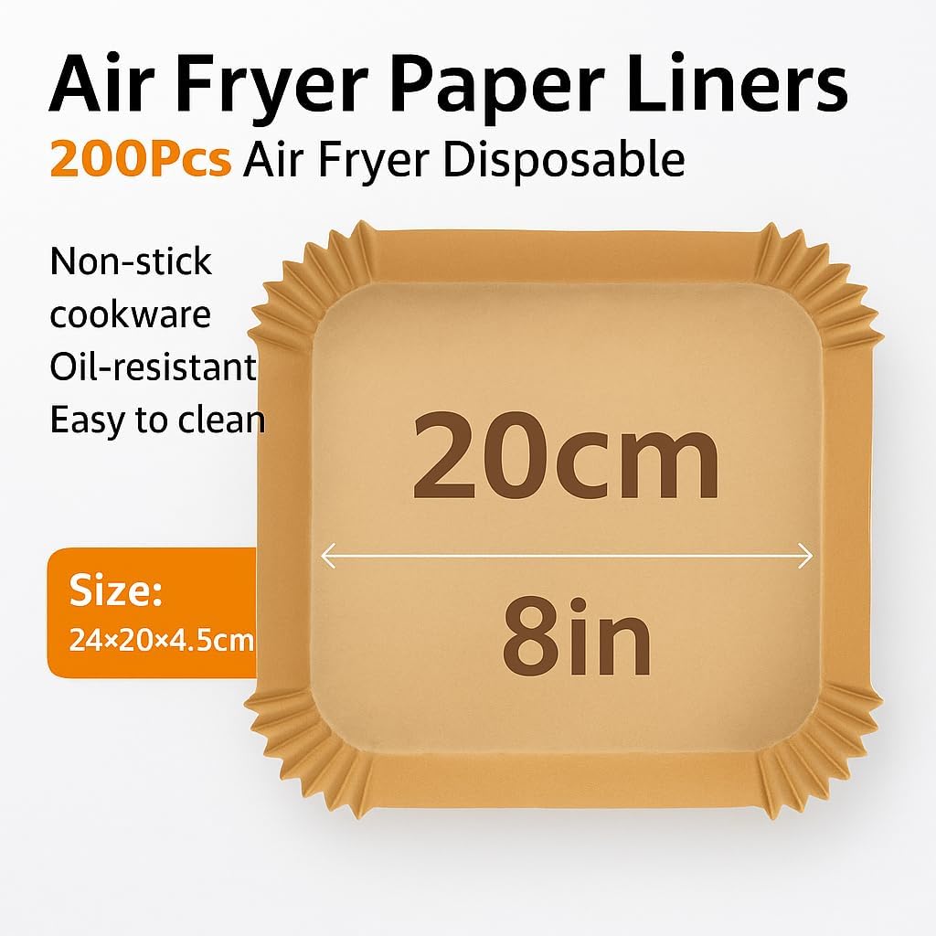 Skiennix 200 Pack Air Fryer Liners - Disposable Unbleached Parchment Paper, Non-Stick & Heat Resistant