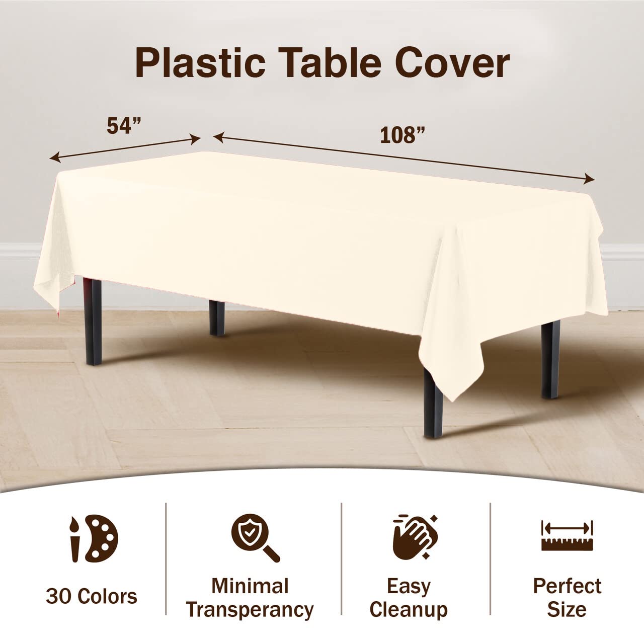 Exquisite Party Solids 6-Pack Premium Plastic Tablecloth 54in. x 108in. Rectangle Plastic Table Cover - Ivory