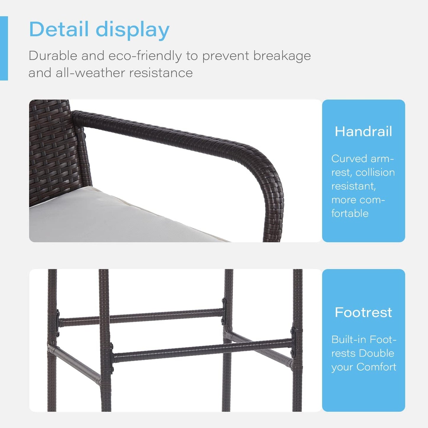 PayLessHere Patio Bar Stools Set of 2 - All-Weather Wicker Rattan Chairs with Footrest & Khaki Cushions