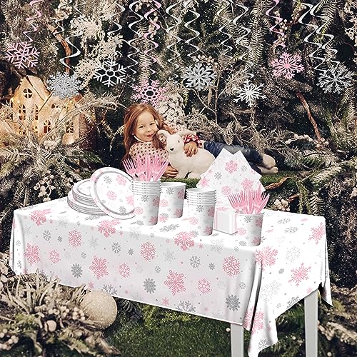 Pink Snowflake Winter Wonderland Disposable Party Tableware Set 142pcs