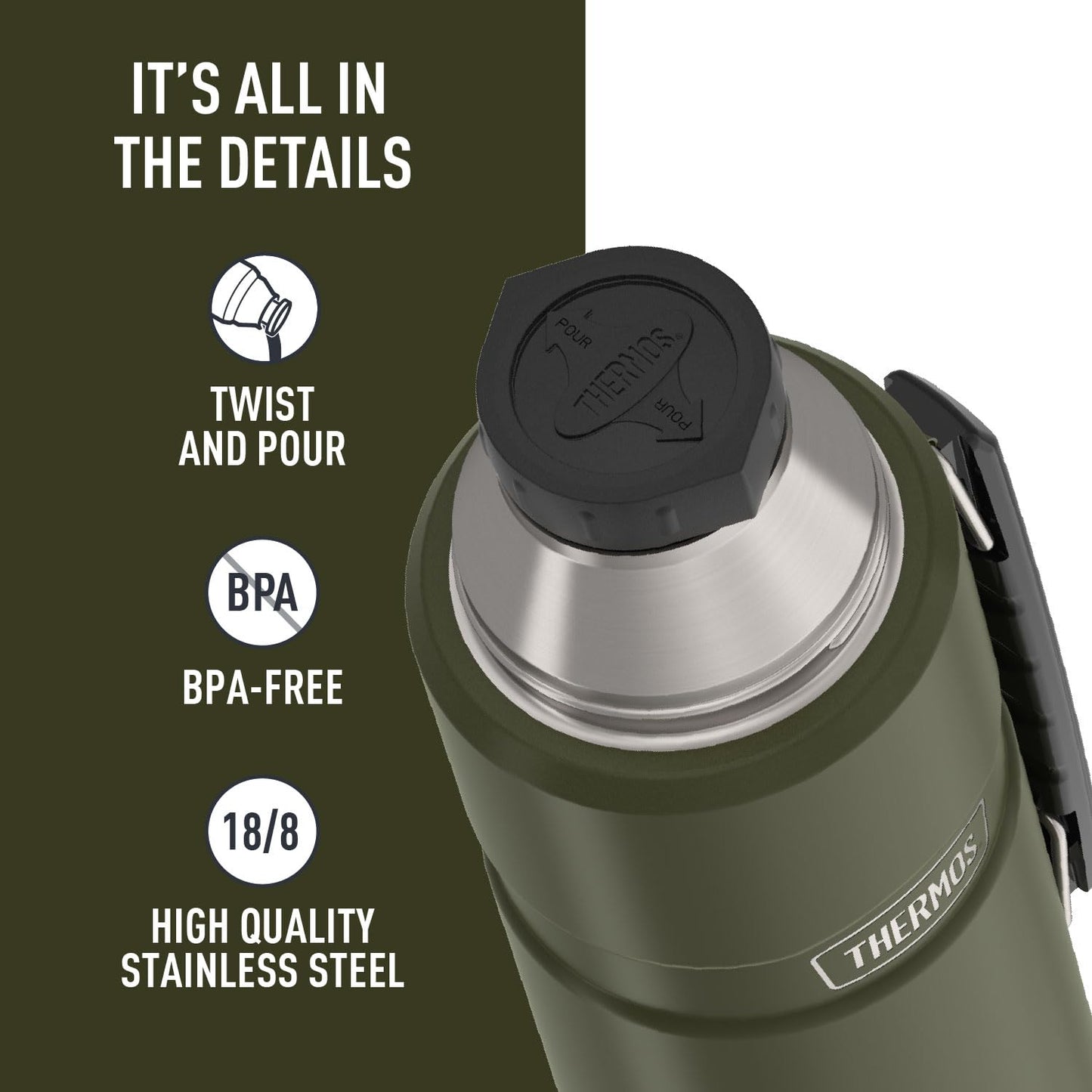 THERMOS Stainless King Vacuum-Insulated Beverage Bottle, 40 Ounce, Army Green