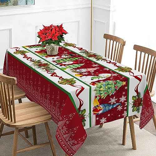 Christmas Tablecloth for Rectangle Table, Merry Christmas Tree Snowman Table Cloth 60 x 104 with Poinsettia Holiday Washable Table Cover for Dining Room Kitchen Decorations