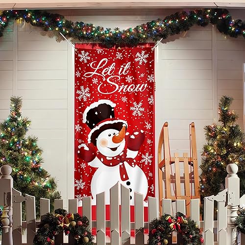 Augisteen Christmas Snowman Door Cover Winter Let It Snow Doors Banner Christmas Front Door Porch Banner Snowman Photography Backdrop Sign for Xmas New Year Winter Holiday Home Party Decor