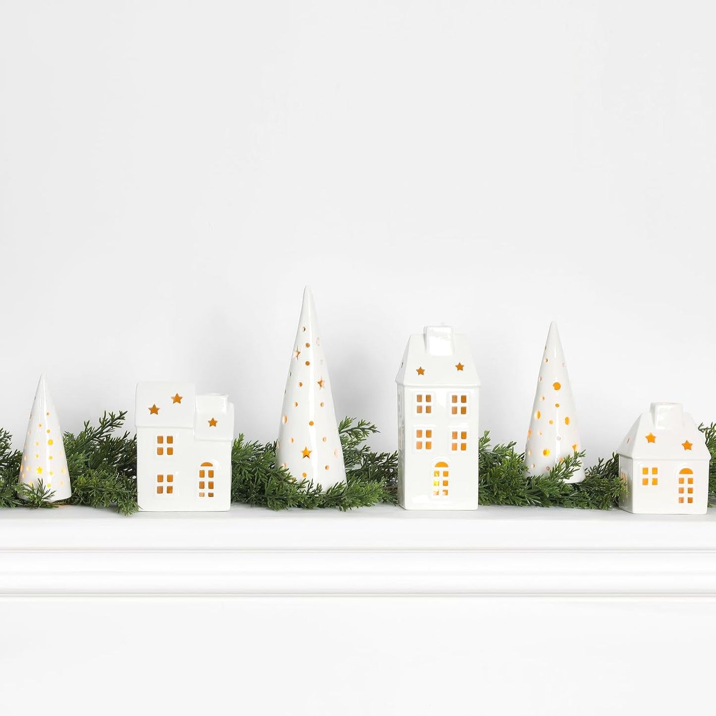 Newtay Ceramic LED Christmas Village Set - 3 Houses & 3 Trees for Festive Tabletop Decor | White Porcelain