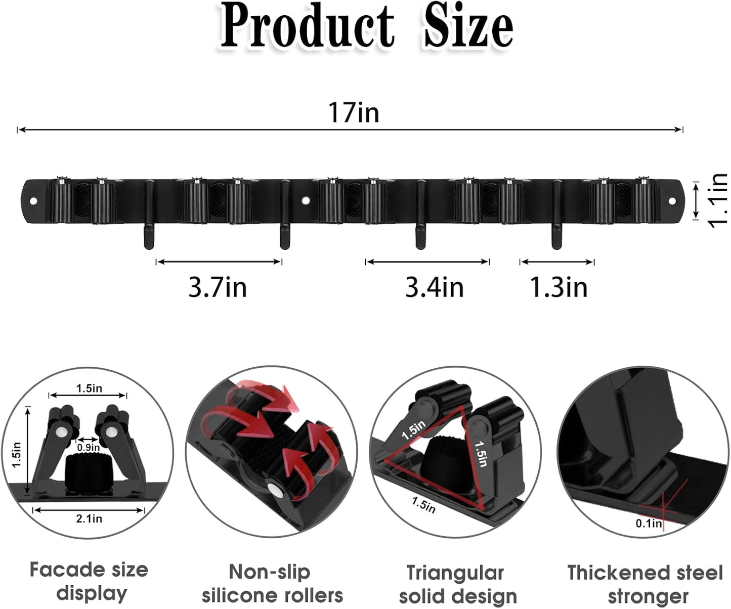 Skiennix Wall Mounted Broom and Mop Holder - Heavy Duty 5 Racks & 4 Hooks | Stainless Steel, Black