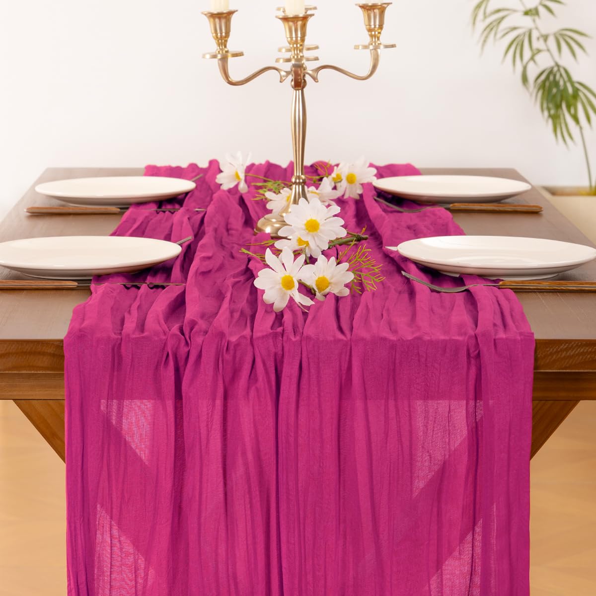 Socomi 10pcs Hot Pink Cheesecloth Table Runner Fuchsia Boho Rustic Gauze 120 inch 10FT Cheese Cloth Runner for Wedding Party Baby Shower Birthday Home Decor Holiday Decorations