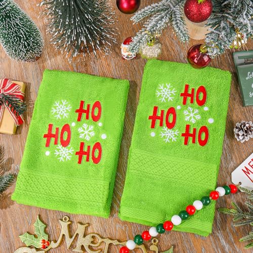 Green Christmas Hand Towels 2 Pack — Snowflake Embroidered Cotton, 29.5 x 13.8 in