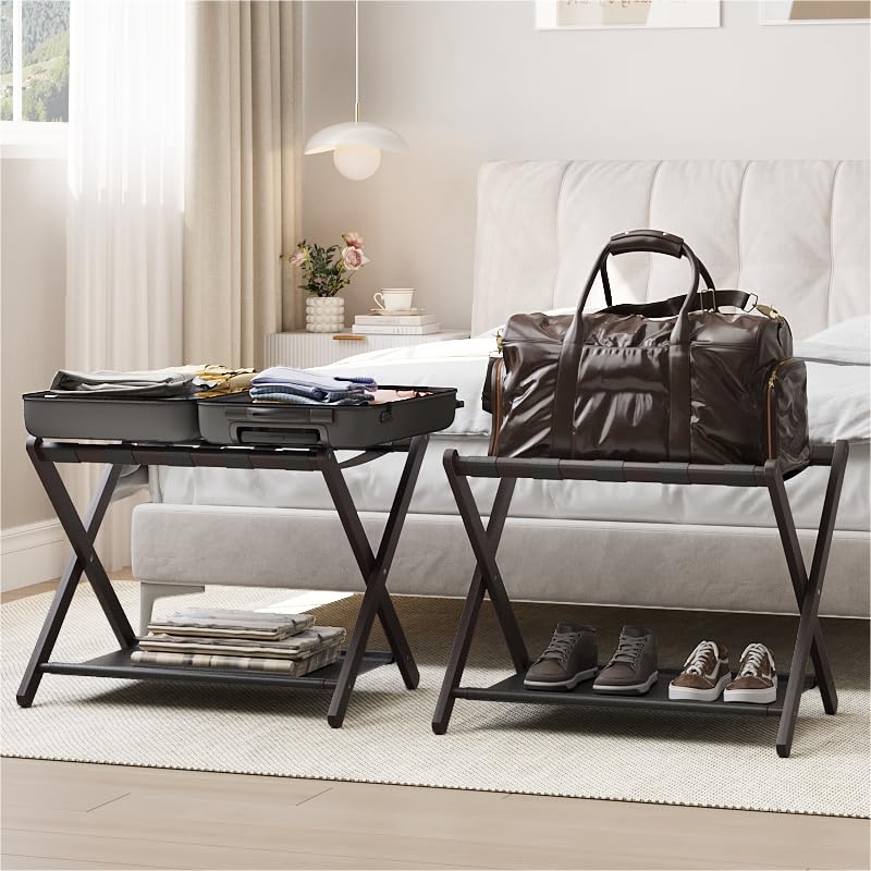 Smart FENDEE 2 Pack Brown Bamboo Folding Luggage Racks with Storage Shelf