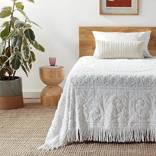 Queen Cotton Chenille Bedspread with Medallion Design - White - Beatrice Home Fashions - Variation: Queen / White