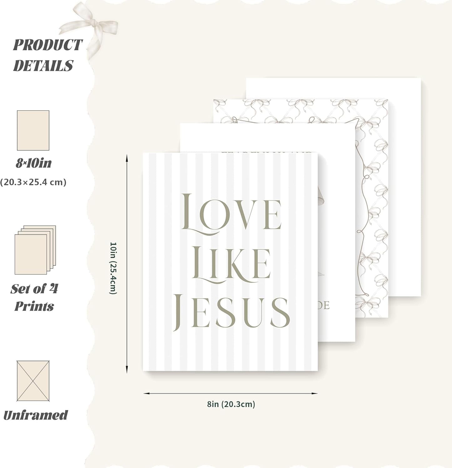 LARTSFRO Coquette Beige Bow Wall Art - Inspirational Christian Decor for Bedroom & Bathroom | Set of 4 Unframed 10x8 Inch Prints