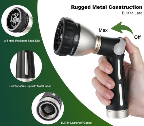 FANHAO Heavy Duty Metal Garden Hose Nozzle - 8 Spray Patterns with Thumb Control & On/Off Valve