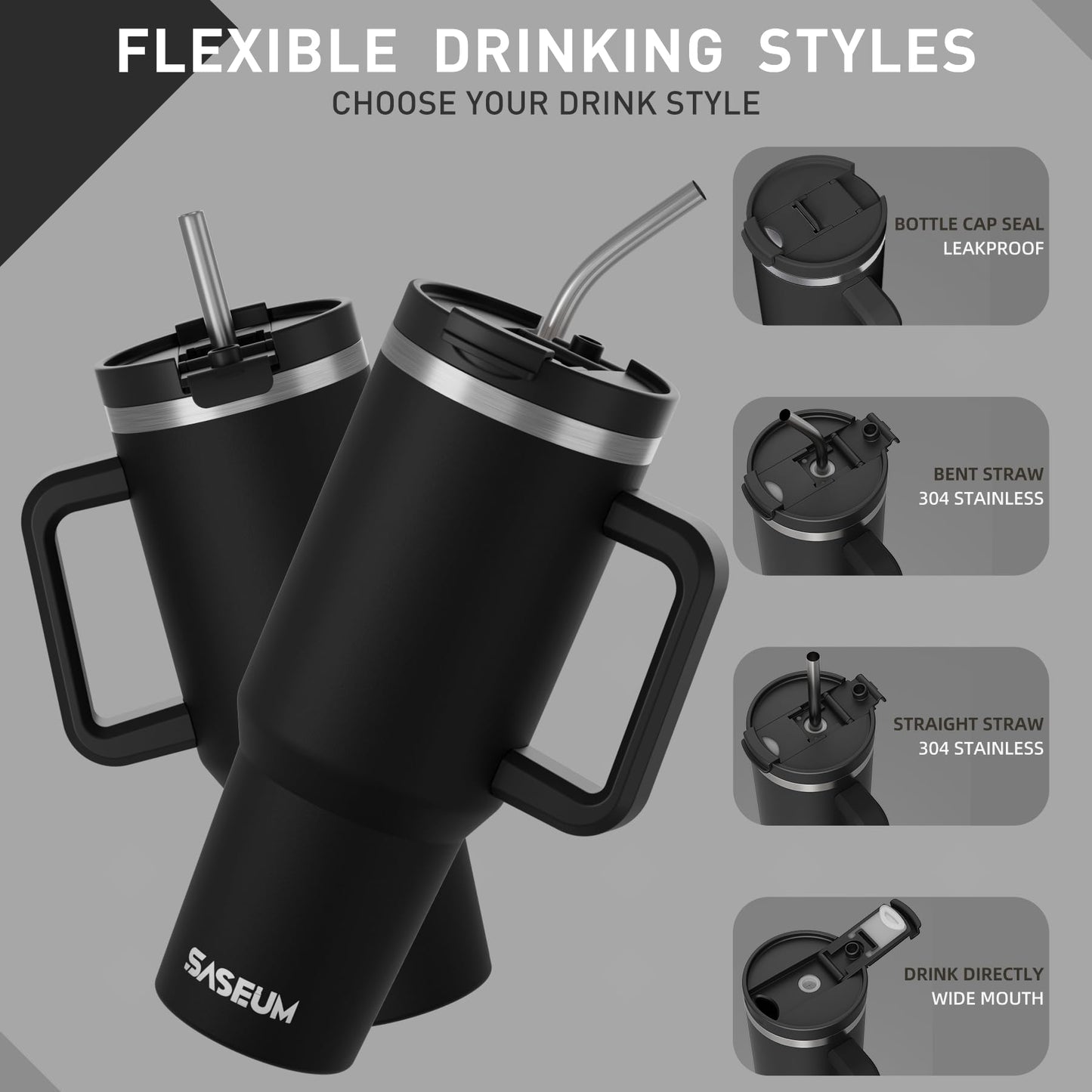 SASEUM 40 oz Tumbler with Handle and Straw, 2-in-1 Sip & Straw Lid, Vacuum Insulated Stainless Steel Travel Mug, Cup Holder Friendly, Black