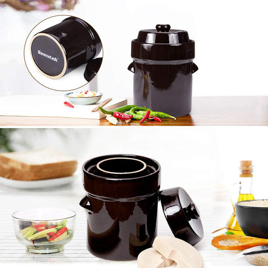 Seeutek Fermentation Crock Jar 5 Liter / 1.3 Gallon - Stoneware Pot for Fermenting, Pickling Kimchi, Pickles, Vegetables, Kombucha - Glazed Fermenter with Stone Weights, Lid & Pickle Tamper