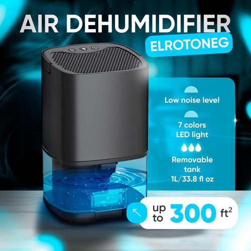 ELROTONEG Dehumidifier - Compact 35 OZ Water Tank for 300 sq. ft | Auto-Off, Sleep Mode & LED Lighting (Black)