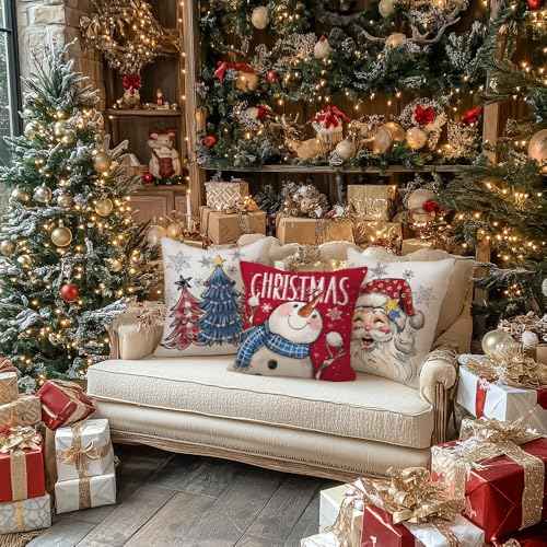 GEEORY Merry Christmas Throw Pillow Covers 20x20 Inch Set of 4, Santa Snowmen Xmas Trees Hello Winter Snowflake Holiday Farmhouse Decorative Cushion Cases for Home Decoration (Red) G602-20