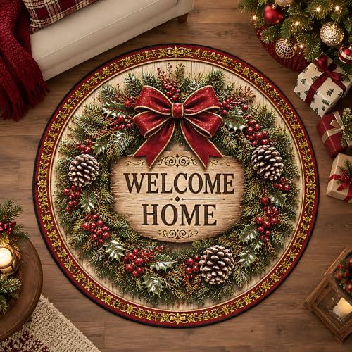 Christmas Wreath Round Rug 3.3 ft Circle Rug Xmas Entryway Carpet