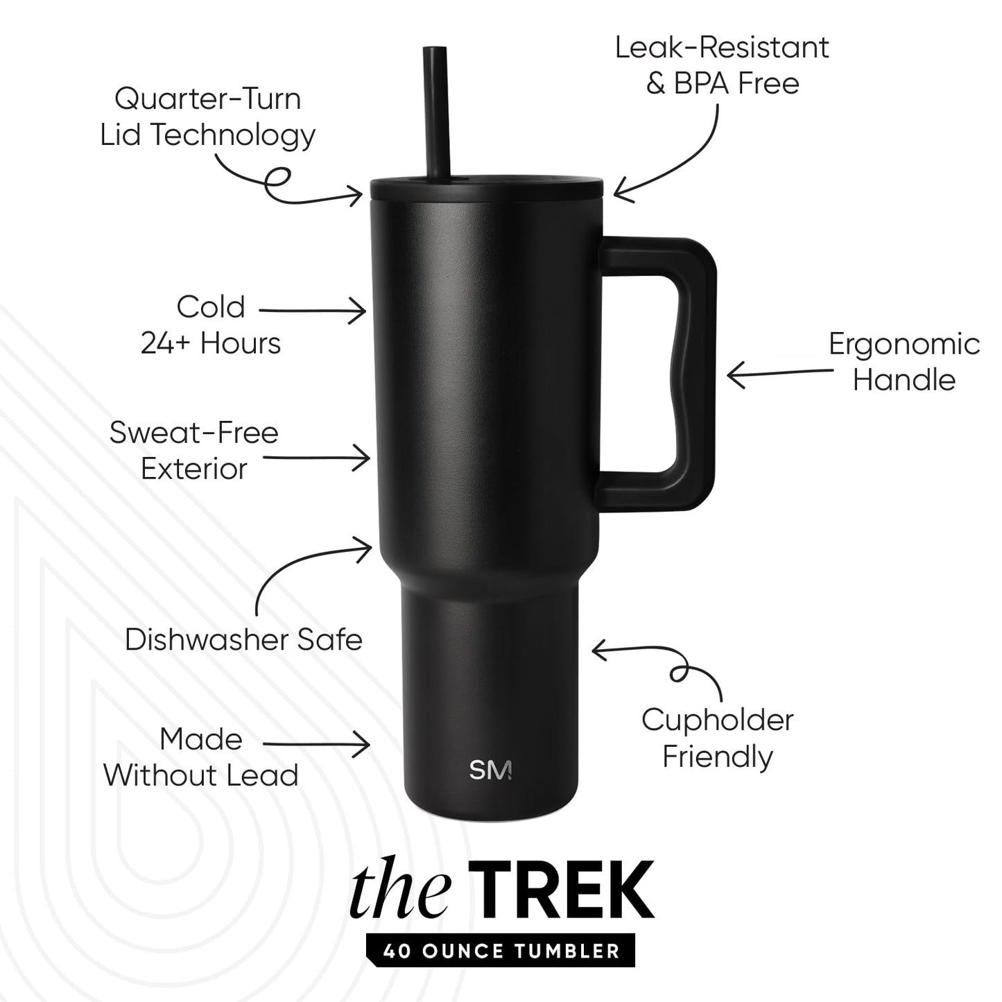 Simple Modern 40 oz Trek Tumbler with Handle and Straw Lid | Cup Holder Friendly Insulated Stainless Steel Travel Mug | Midnight Black