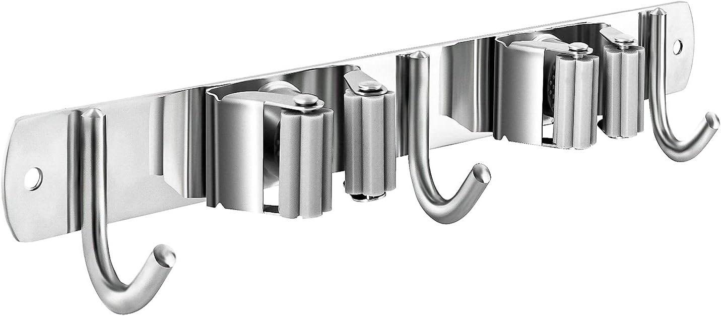 Stainless Steel Broom and Mop Holder | Wall Mounted Storage Rack with 2 Racks & 3 Hooks