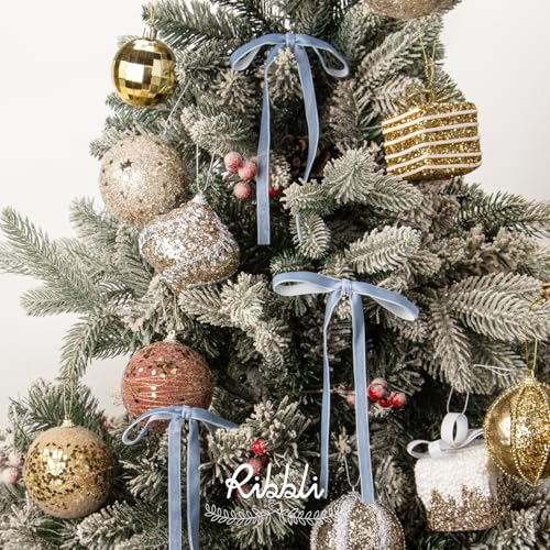 Ribbli Velvet Christmas Tree Bows Dusty Blue 24-Pack | 5x7 Inch, 3/8" Wide