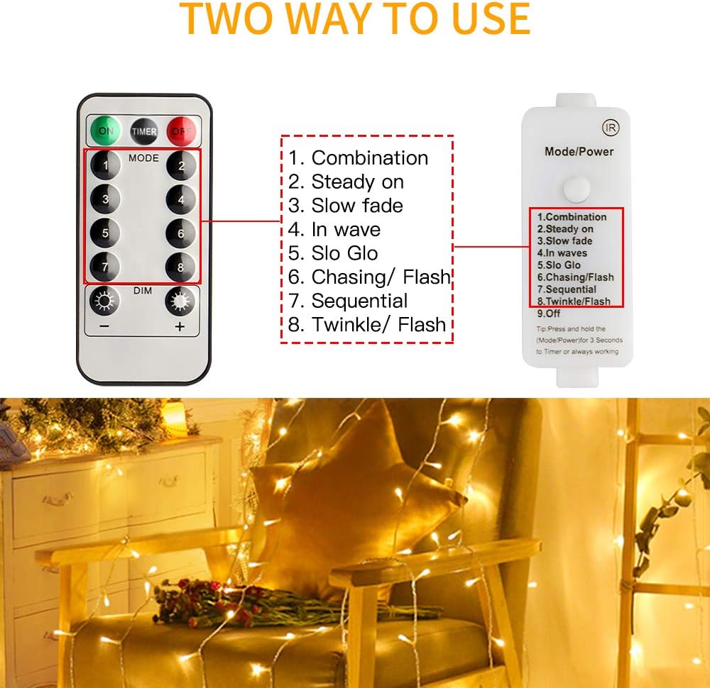Koopower 200 LED Indoor String Lights - 65ft Remote & Timer, 8 Dimmable Modes for Warm White Ambiance